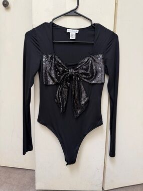 Black Sequin Bow Long Sleeve Bodysuit